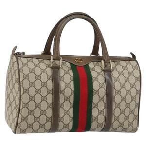 GUCCI GG Supreme Web Sherry Line Boston Bag PVC Beige Gold 378 02 07 Auth 159211